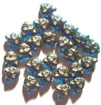 25 13mm Dark Aqua and Gold Cat Face Glass Beads
